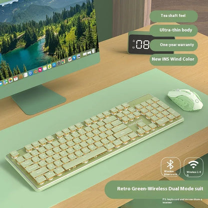 Prewalker V3 retro green mechanical feel keyboard and mouse set on a desk.