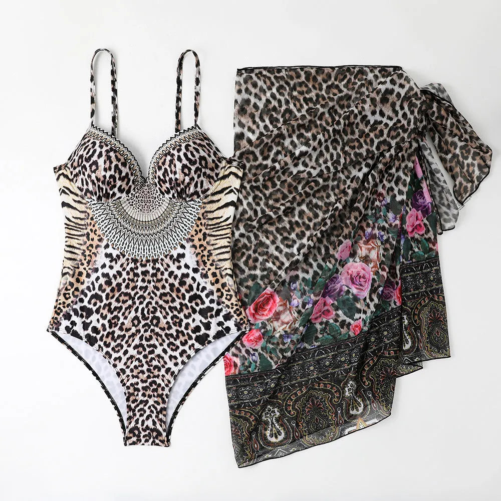 Women's leopard print backless one-piece swimsuit with matching mesh long dress