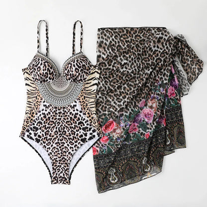Women's leopard print backless one-piece swimsuit with matching mesh long dress
