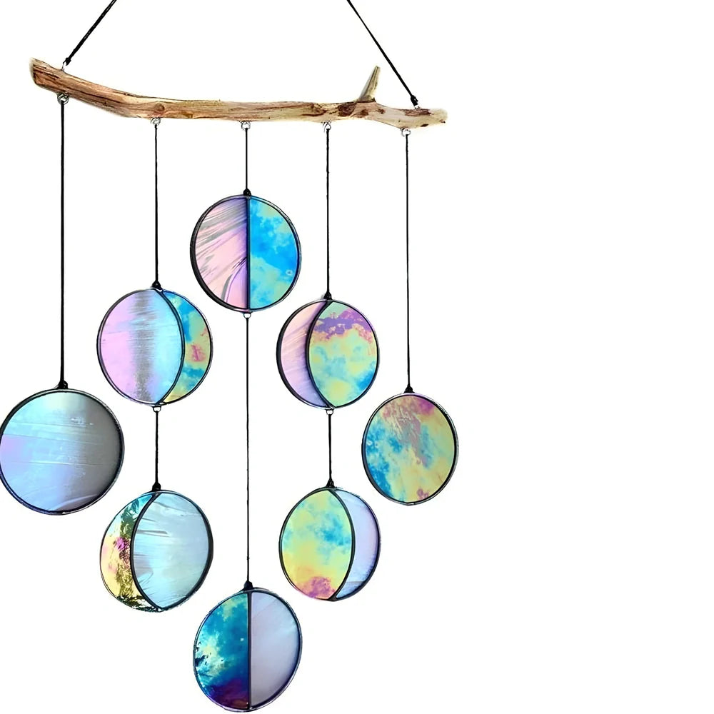 Rainbow coloured moon phase wall decoration with circular iron framework and hanging chain