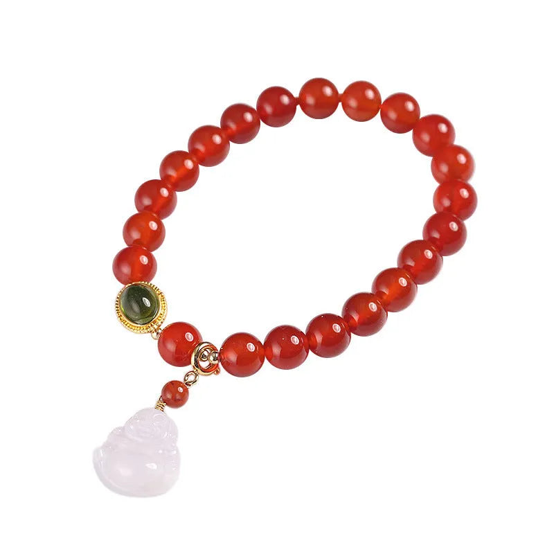 Handcrafted red agate bracelet with amber beads, jade accents, and Maitreya Buddha pendant in Chinese geometric style