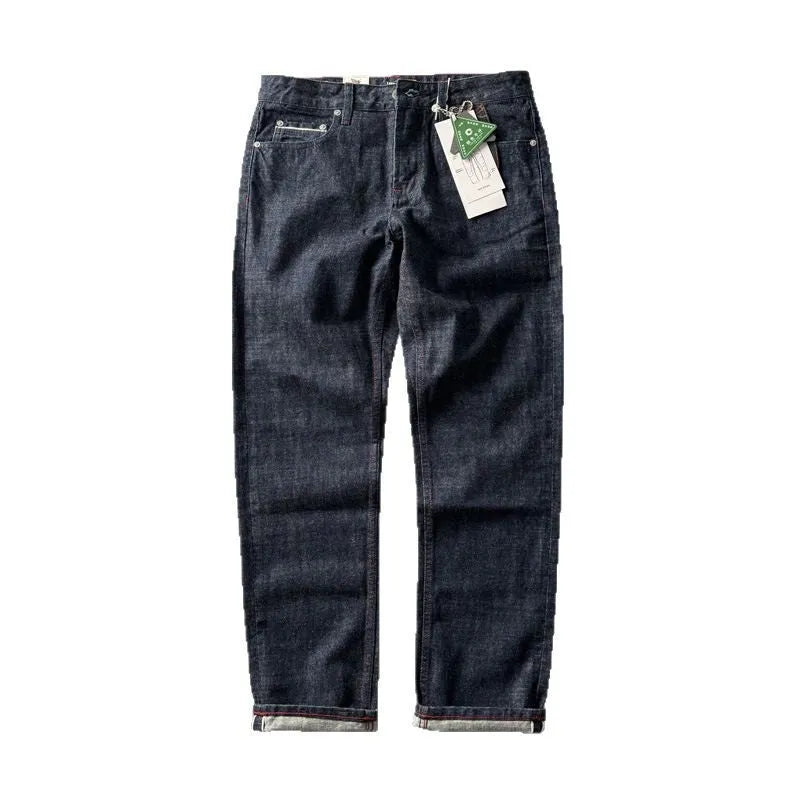 Men's straight-leg denim trousers in primary colour with mid-waist design and 100% cotton fabric