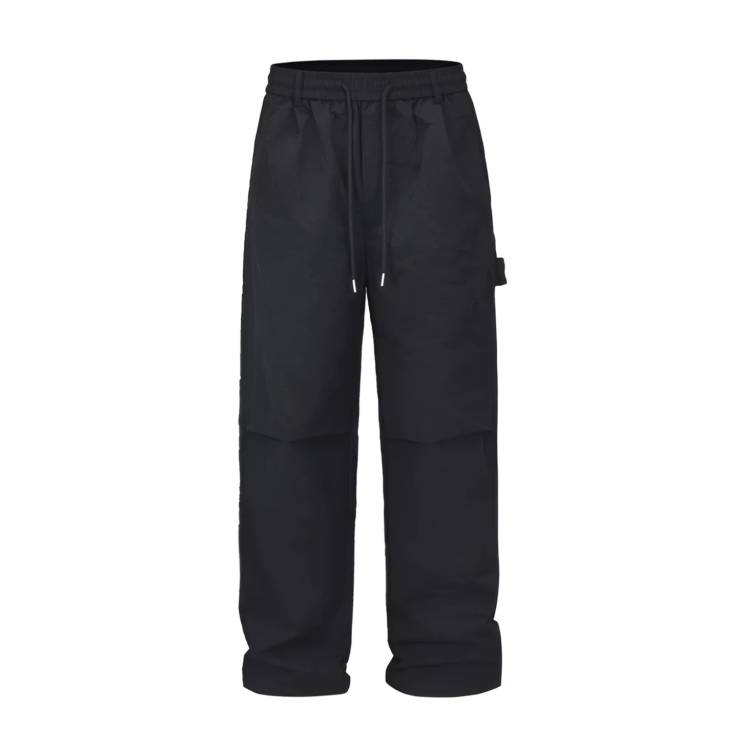 Black tooling paratrooper pants with elastic waist drawstring closure and baggy three-dimensional cutting