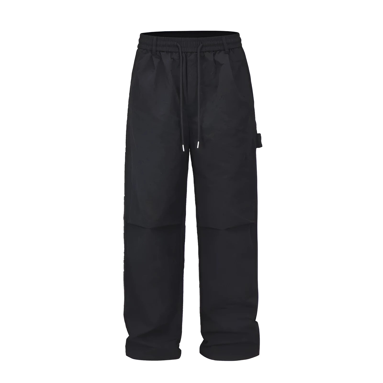 Black tooling paratrooper pants with elastic waist drawstring closure and baggy three-dimensional cutting