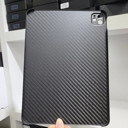 Carbon fibre protective cover for iPad Pro 11 showing 3K matte fine hole texture and embossed plaid pattern