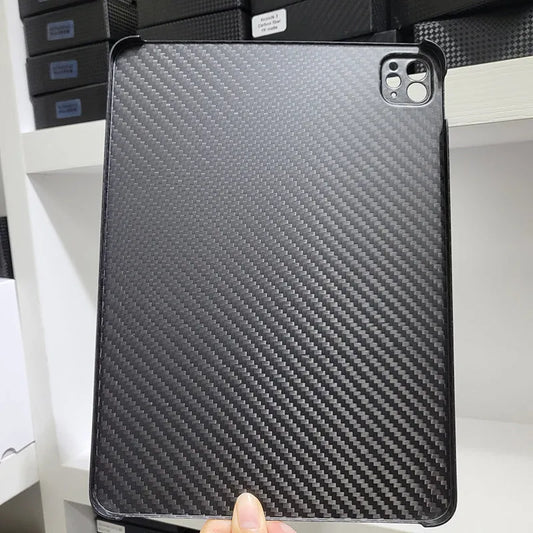 Carbon fibre protective cover for iPad Pro 11 showing 3K matte fine hole texture and embossed plaid pattern