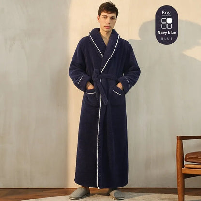 Winter flannel bathrobe with thick 301-350g/m² fabric in 2102 navy blue colour, European/American style