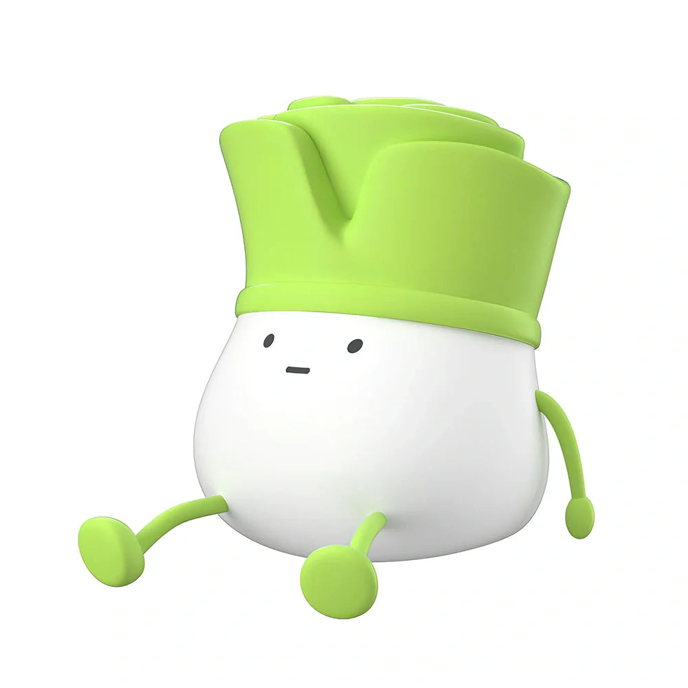 Green onion-shaped night light with warm white glow on desktop, showing 125mm width and flower design
