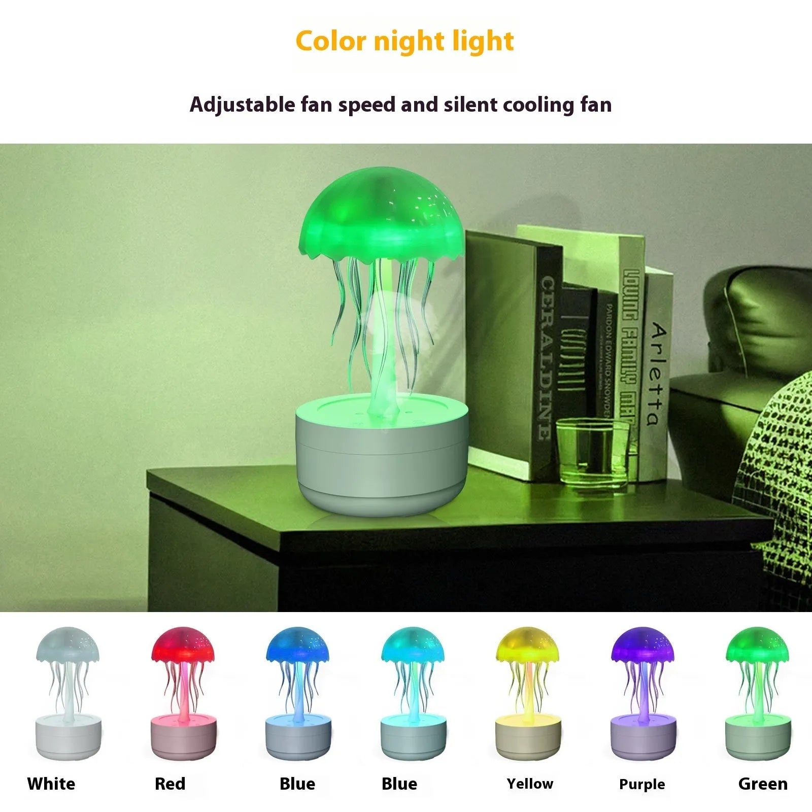White resin jellyfish humidifier and essential oil diffuser with colourful night light on a desktop.