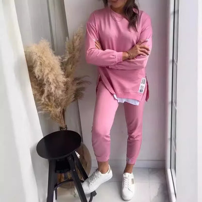 Women's slit design sweatshirt and slim-fit trousers set in various colors