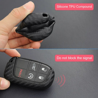 Carbon fibre texture silicone key case for Dodge Chrysler Fiat vehicles showing 2mm thickness