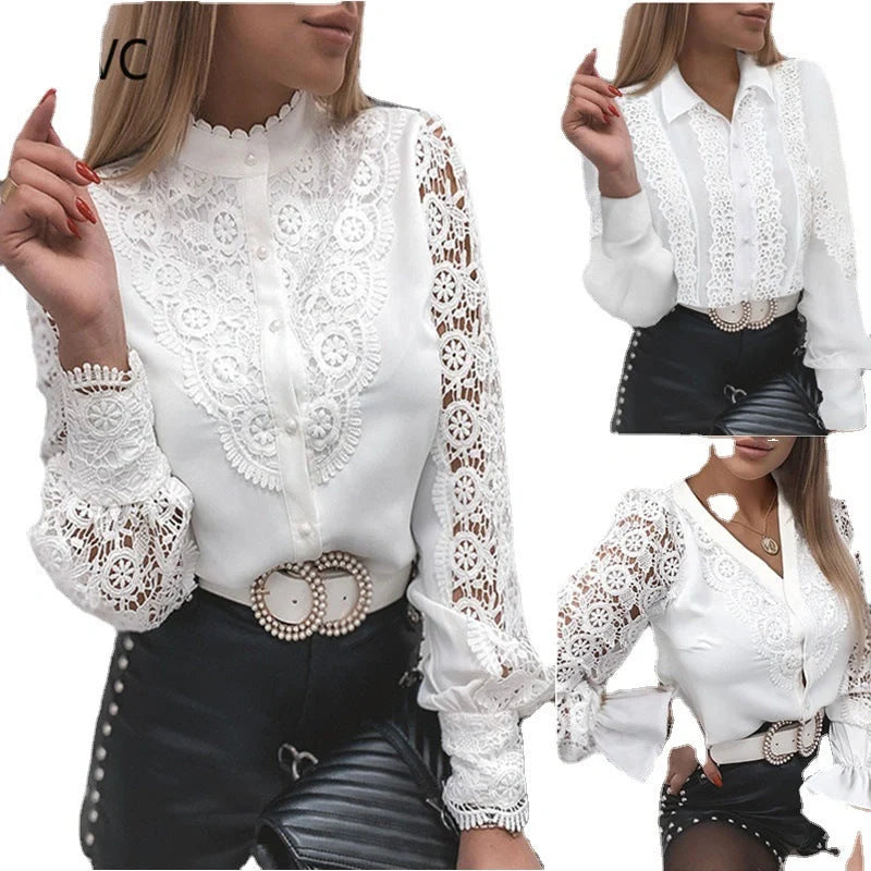 Women's white long sleeve V-neck lace button shirt with floral panel