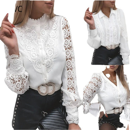 Women's white long sleeve V-neck lace button shirt with floral panel