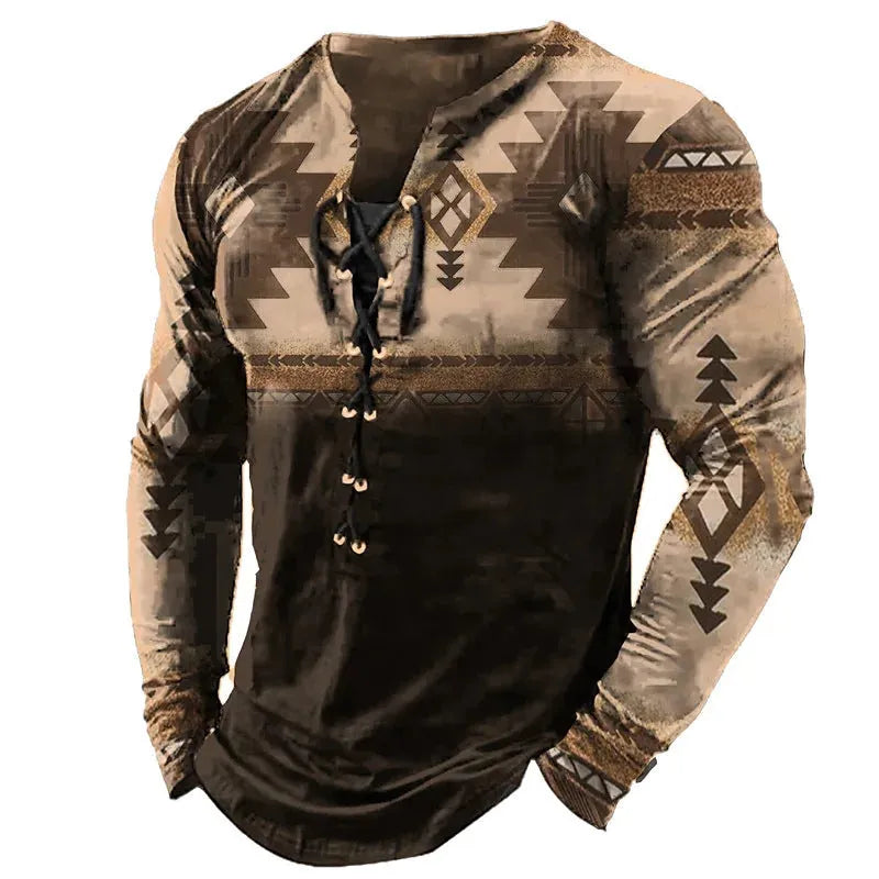 Men's long sleeved printed sports top with U-neck, polyester fibre fabric, sizes S to 4XL