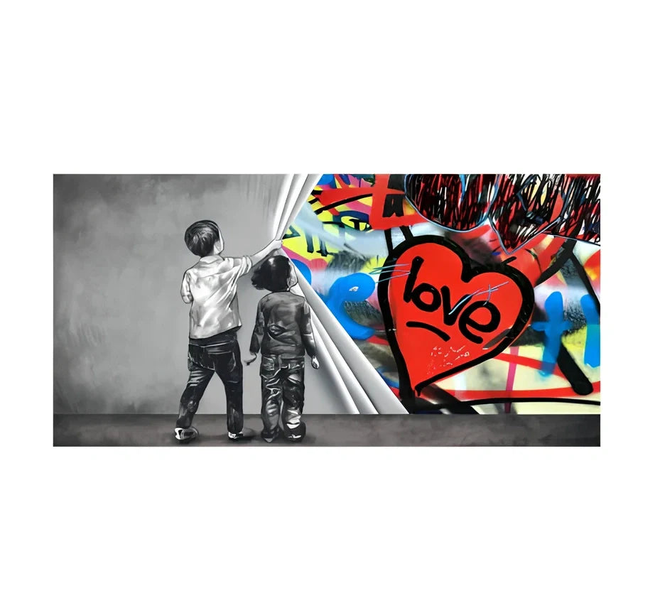 Frameless abstract graffiti canvas art for children's rooms in multiple sizes and colour variations