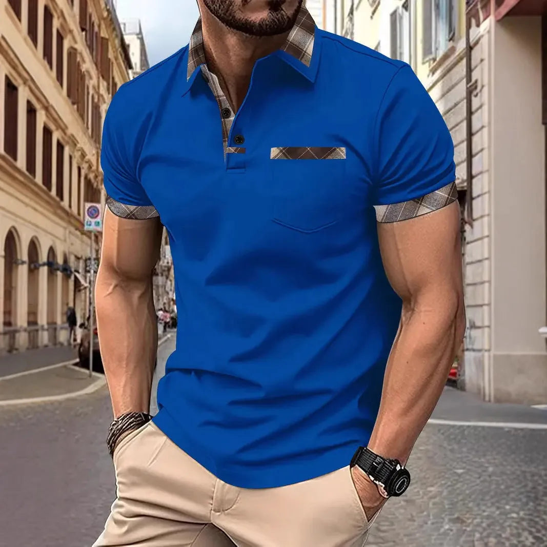 Men's short sleeve plaid colourblock t-shirt with zipper decoration in various colours and sizes