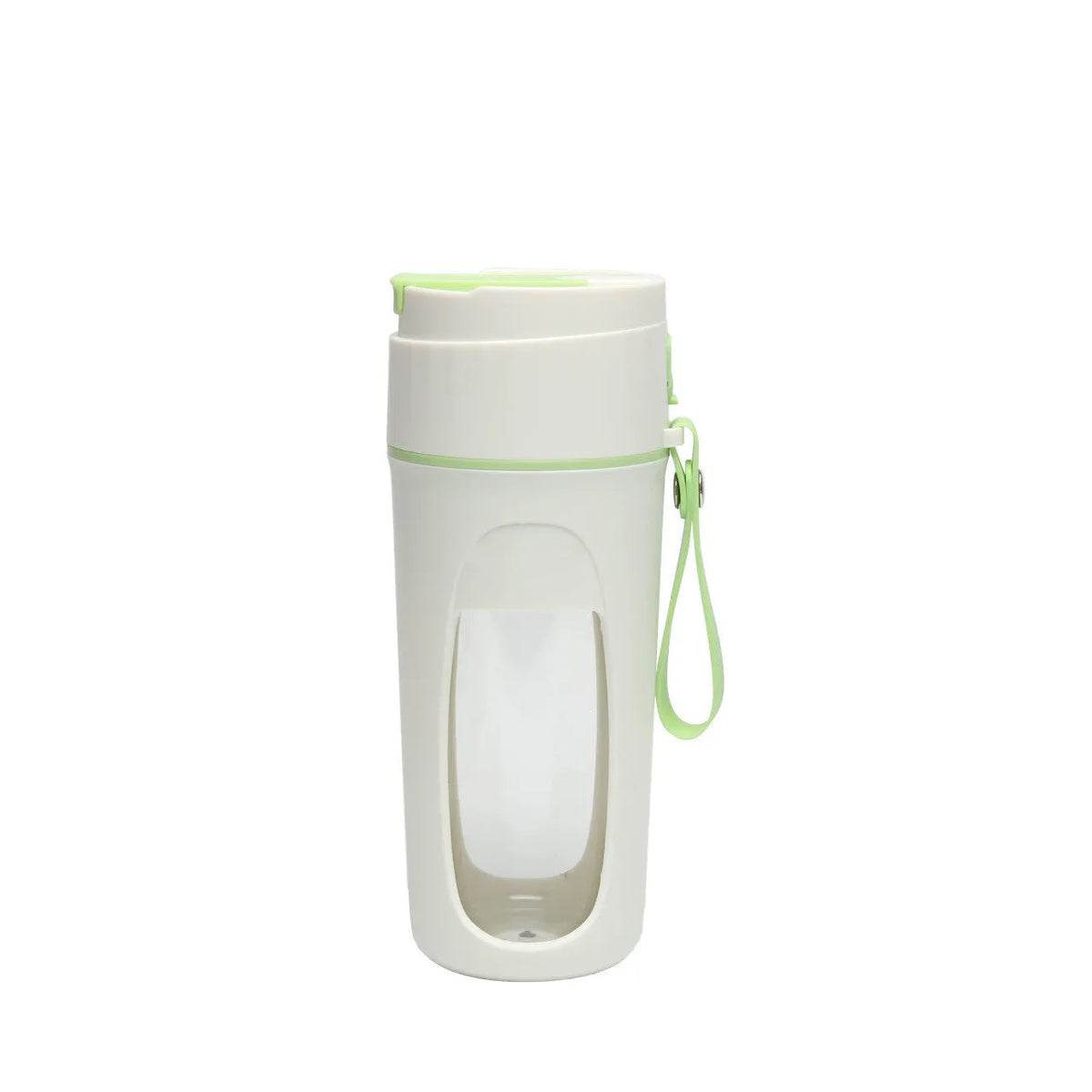 USB rechargeable portable juicer cup with glass liner in grass green, light purple, or fresh orange.