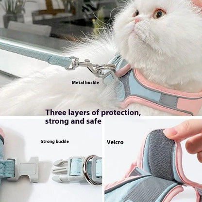 Blue and orange stitched cat harness with reflective chest strap and 1.5 metre rope
