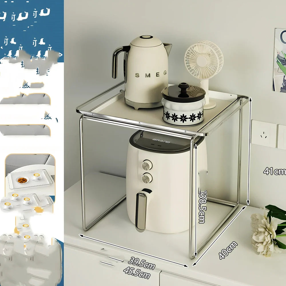 Korean style iron microwave shelf with plating finish and storage tray for kitchen organisation