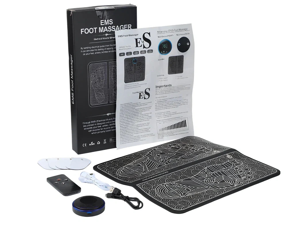 Black remote control EMS foot massage machine with wireless operation and USB charging port