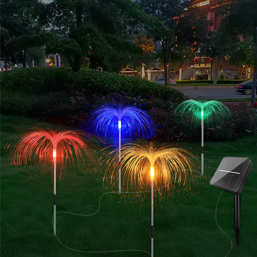 Solar fiber LED jellyfish ground light with optical fiber shell and remote control for garden decoration