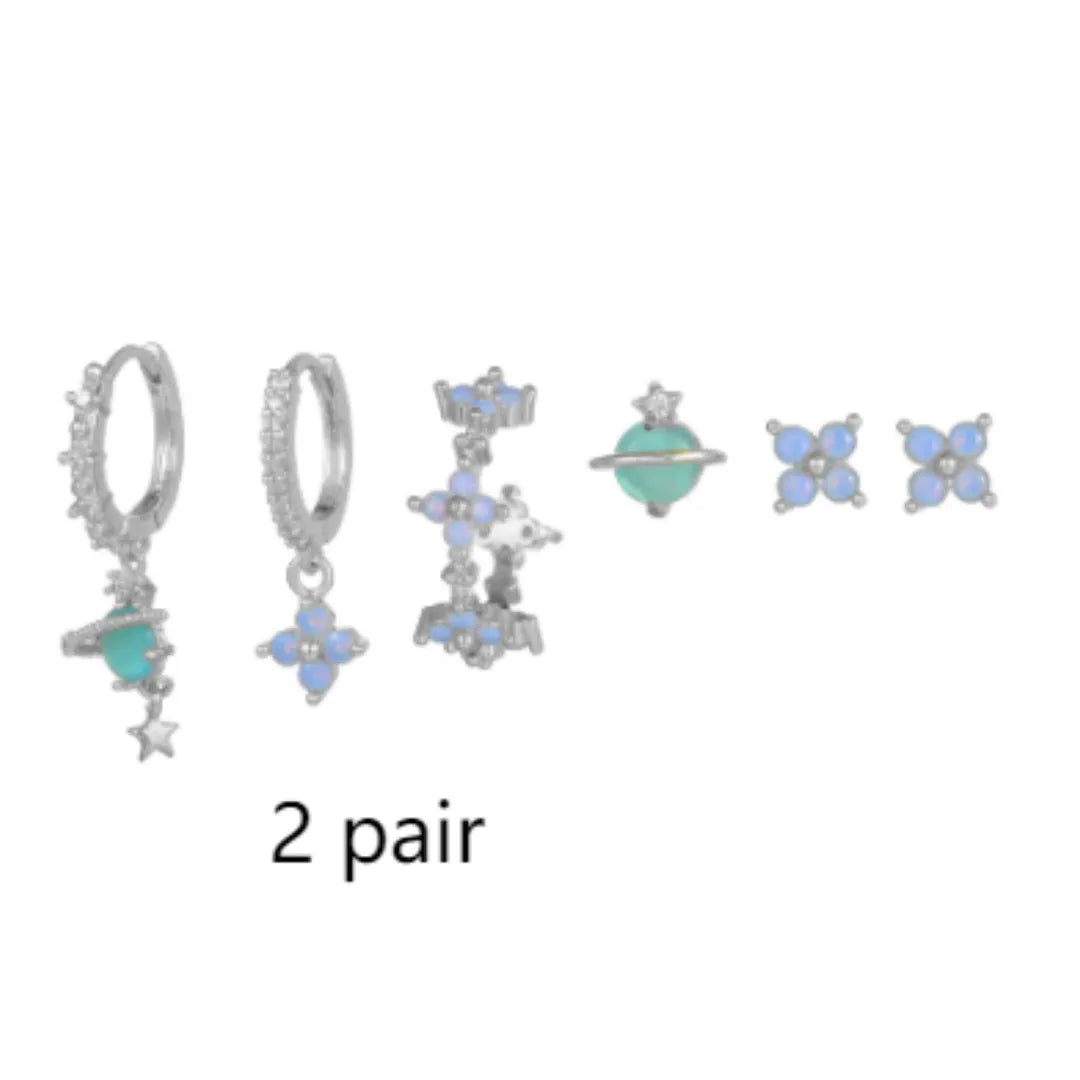 Gold and silver flower ear studs with zircon mosaic detailing, Japanese Korean style design
