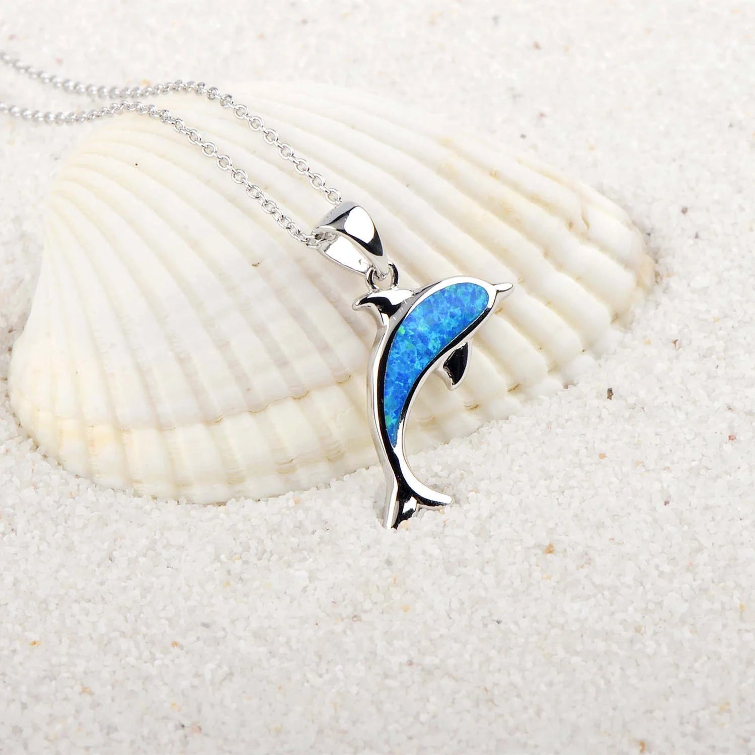 Ocean Dolphin Pendant Copper Necklace with opal detail, showcasing the intricate dolphin design and adjustable chain.