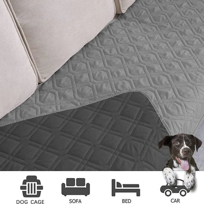 Reversible dog blanket sofa cover in burgundy and grey, laid flat on a sofa