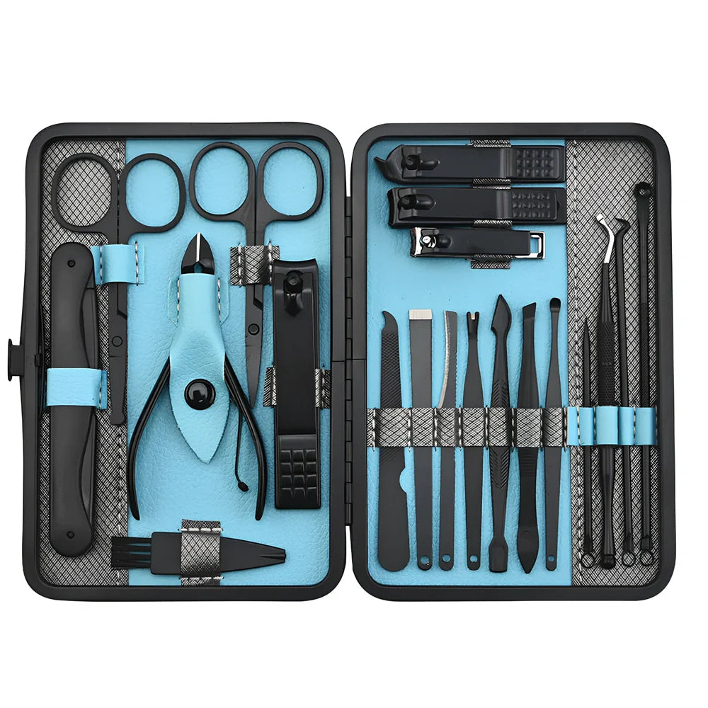 Beauty manicure nail care kit with stainless steel tools in red PU leather case weighing 397g