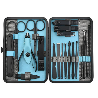 Beauty manicure nail care kit with stainless steel tools in red PU leather case weighing 397g