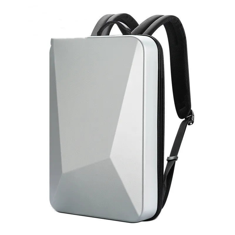Men's hard shell gaming backpack in black or silver with anti-theft lock, 20-35L capacity, and PC material
