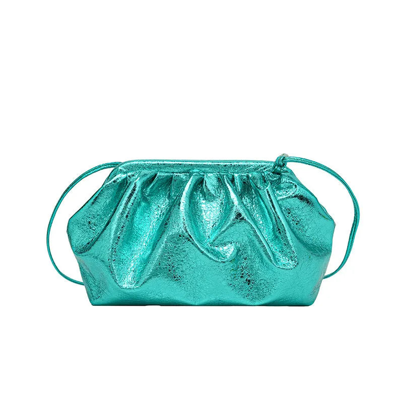 Simple hair clip closure crossbody bag in shell shape with sewing line detail on rose red PU material