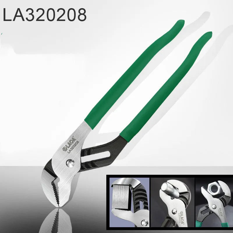 CR-V steel adjustable water pipe wrench set showing four sizes on a workbench.