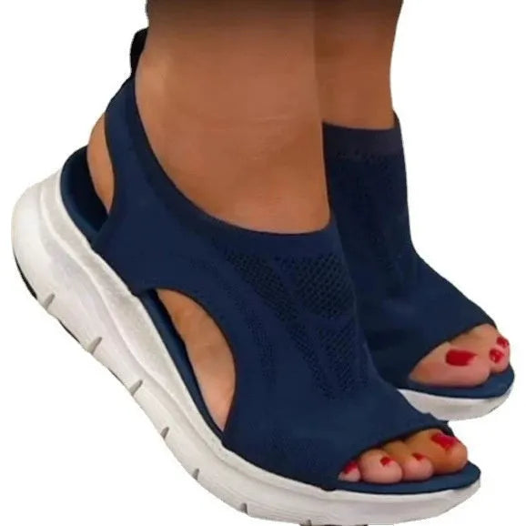Fish mouth flying weave flat sandals with PU sole, solid colour, sizes 35-45