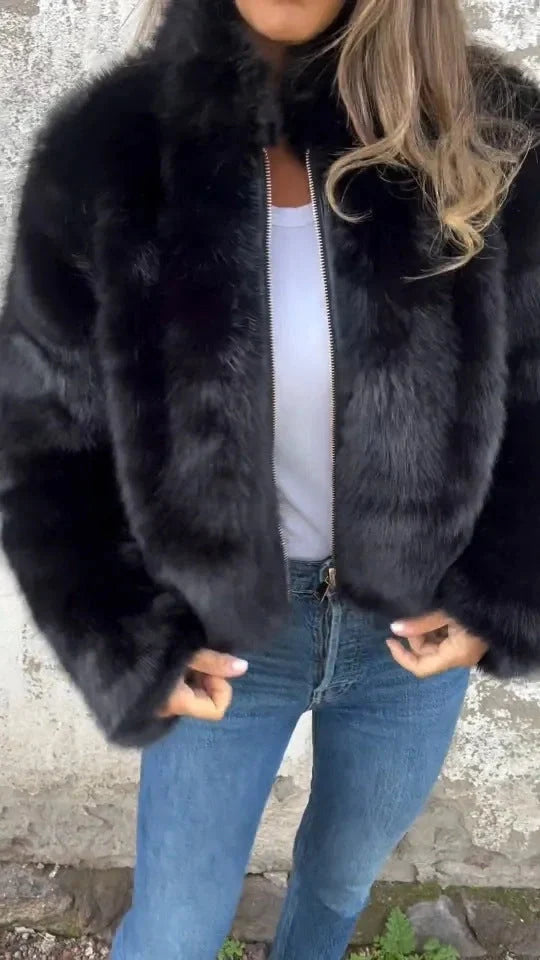 Women's stand collar plush jacket in faux fur with zipper, available in multiple colors