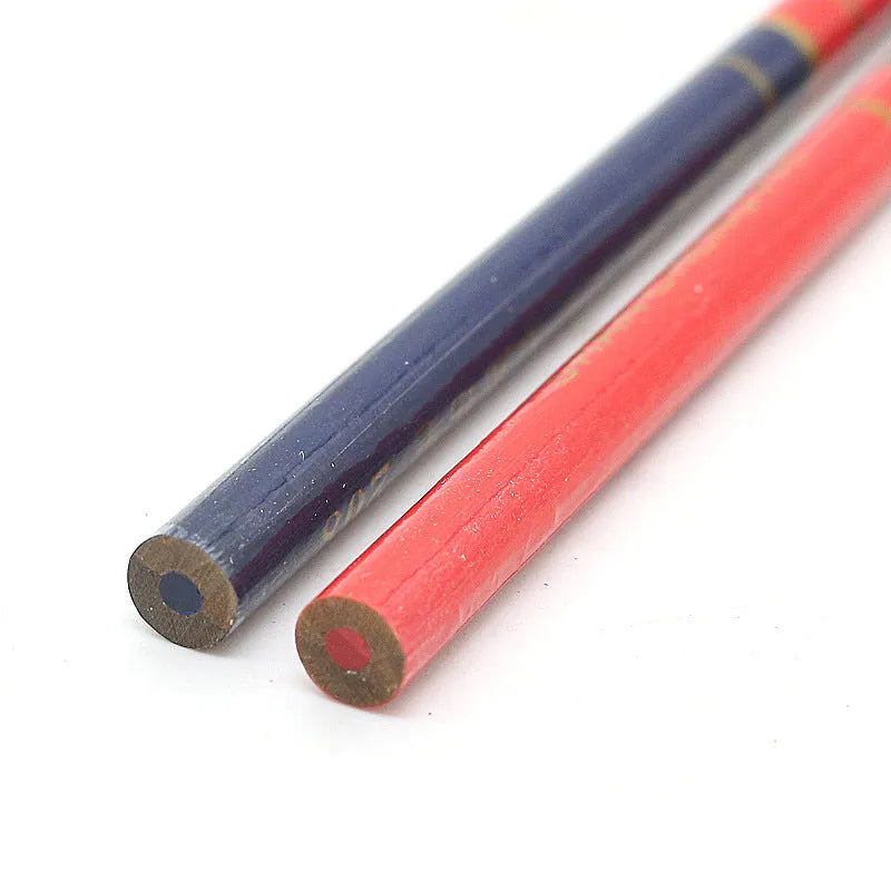 Ten red and blue two-colour wooden carpenter's pencils showing round design for marking applications