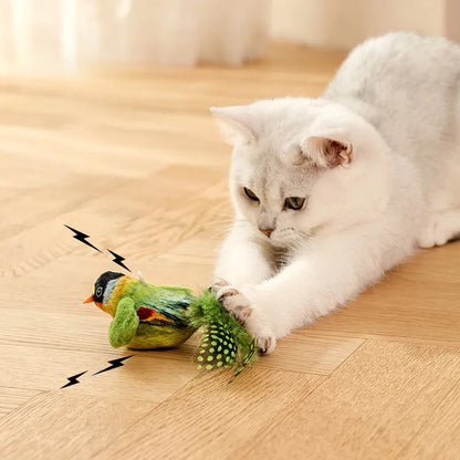 Flappy Chase Cat Toy interactive chirping sparrow with flapping wings and shaking motion in Blue, Gray, or Green.