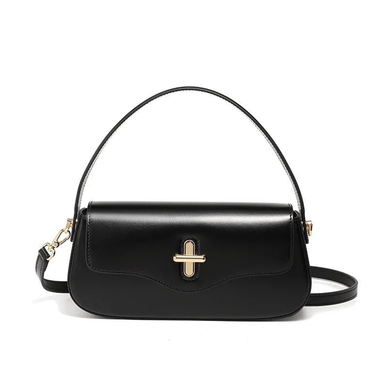 Genuine leather baguette handbag in clamshell design with internal organiser compartments