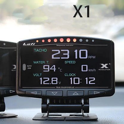 X1 Automotive OBD diagnostic instrument with metal housing and LED display, shown with power cord.