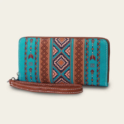 Bohemian striped canvas RFID wallet in beige colour, showing anti-theft design and compact size.