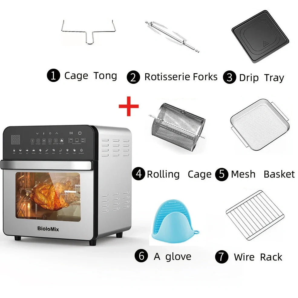 White 15L stainless steel air oven with touch panel, 1700W heating, 33cm x 37cm x 38cm dimensions