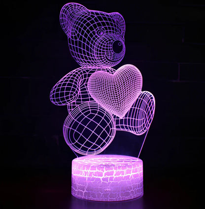 3D acrylic teddy bear LED night light with remote control showing 16 colour options and 85mm base