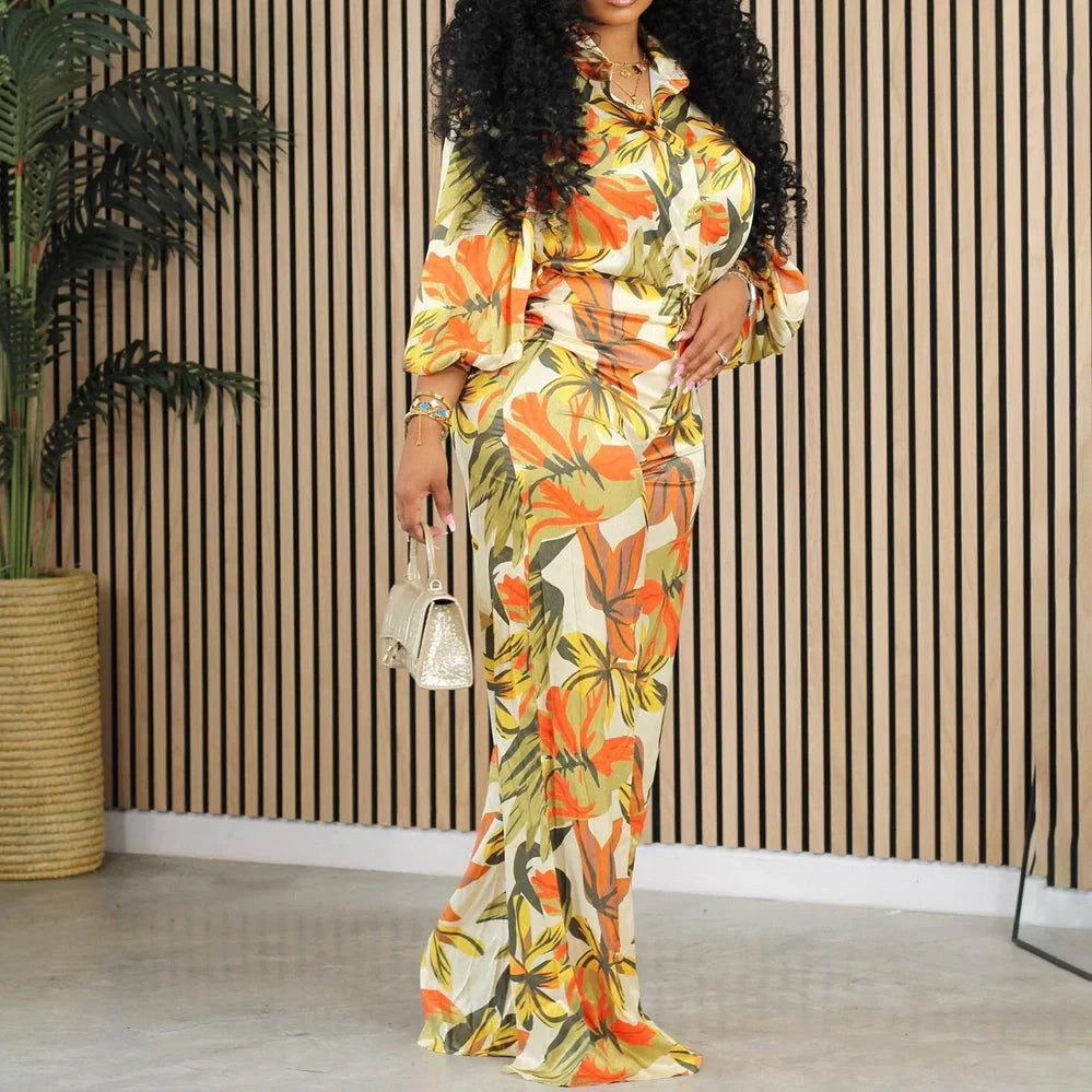 Red printed long sleeve shirt and wide leg trousers suit with polyester fabric on a hanger