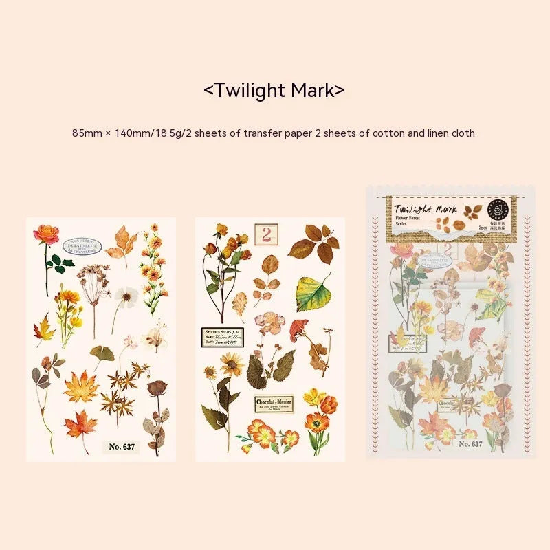 Forest label sticker material pack showing transfer paper and cotton linen sheets with nature designs in 85x180mm size