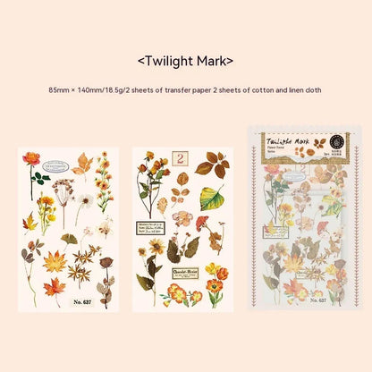 Forest label sticker material pack showing transfer paper and cotton linen sheets with nature designs in 85x180mm size