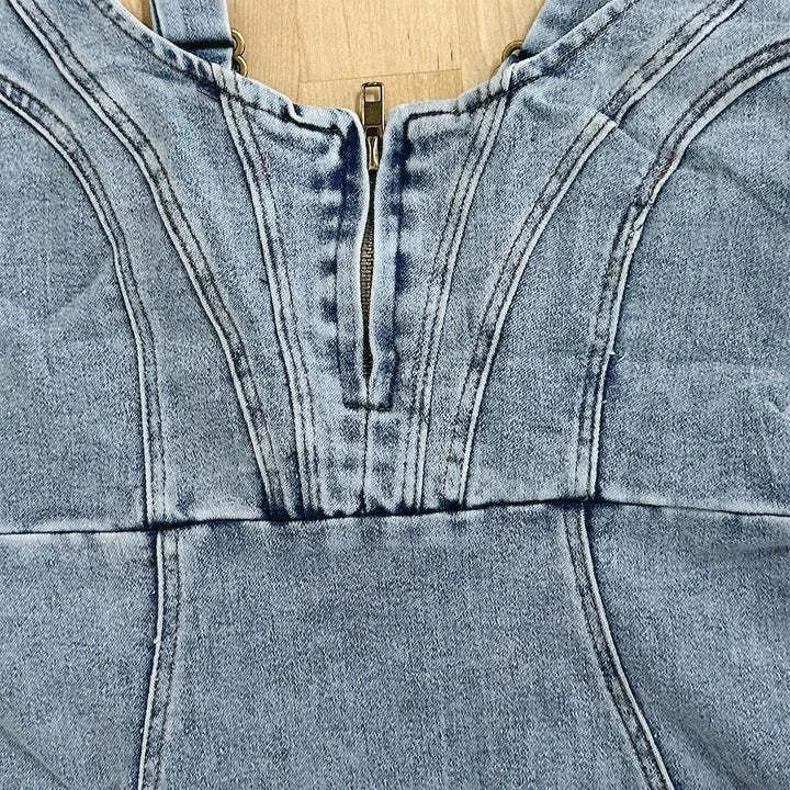 Stylish U-neck Suspender Denim Dress in Blue and Black Grey Colors with Slit Design for Casual Summer Wear