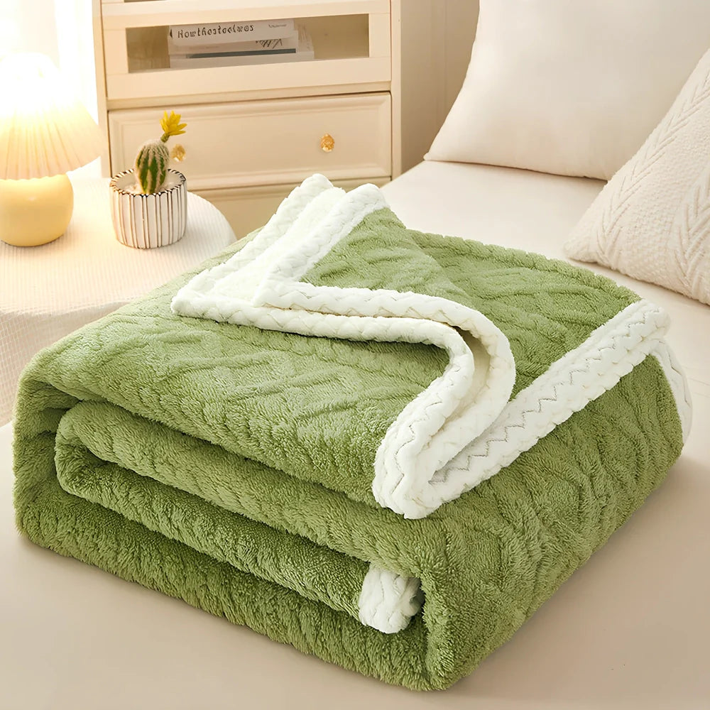 Double-thickened coral fleece sofa blanket in caramel colour showing dense texture and substantial thickness