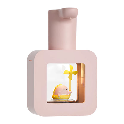 Pink automatic soap dispenser with cartoon unicorn design for kids, featuring a touchless sensor.