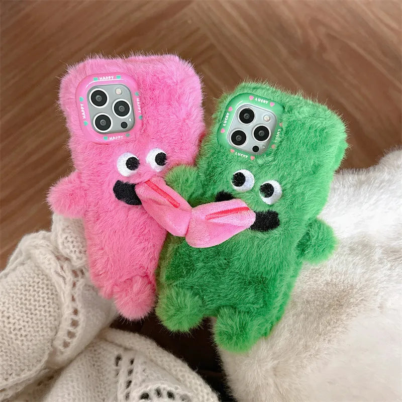 Pink and Green cartoon monster plush silicone case for Apple iPhone showing tongue-out design.
