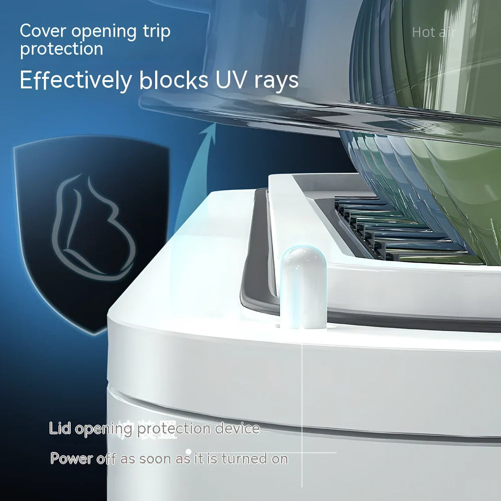White desktop kitchen disinfection dryer with compact design showing control panel and 360° constant temperature technology